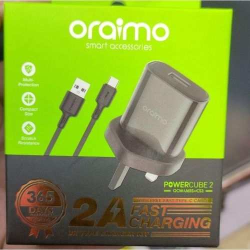 Oraimo Type-C Fast Charger & Cable – Compact 3-Pin Charger with USB Data Cable – Durable & Travel-Friendly