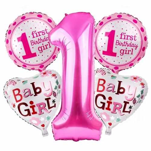 1st Birthday Girl Pink Foil Balloon Set - 5pcs