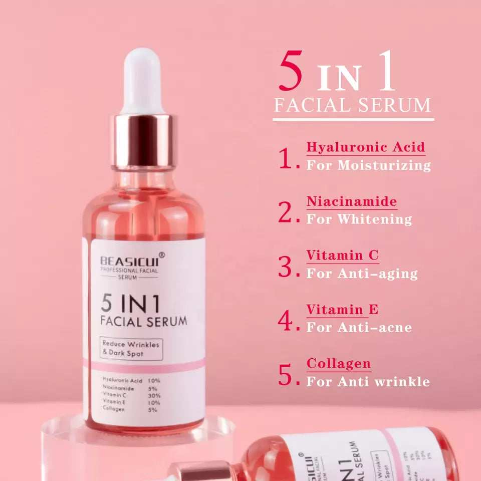 5-in-1 Anti-Wrinkle Anti-Aging Face Serum with 30% Vitamin C, 5% Niacinamide, 10% Hyaluronic Acid, 10% Vitamin E, 5% Collagen