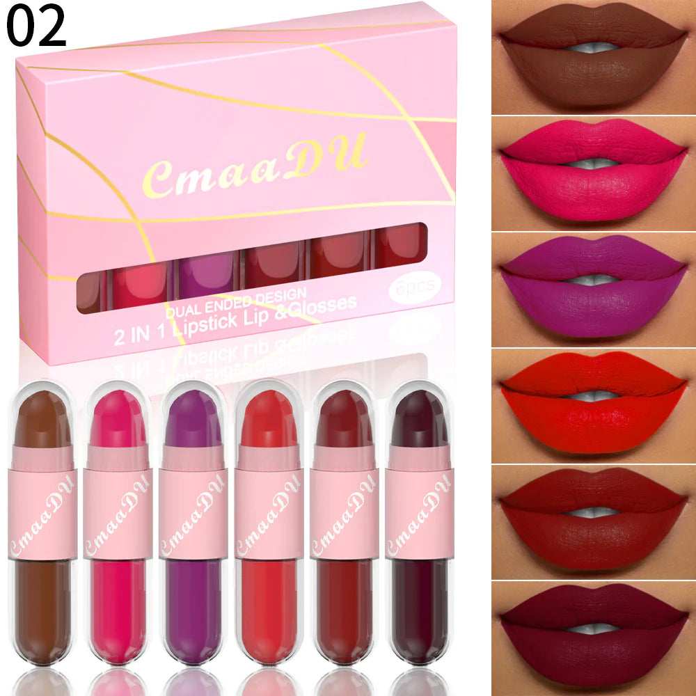 6pc 2-in-1 Long-Lasting Velvet Matte Lipstick Set